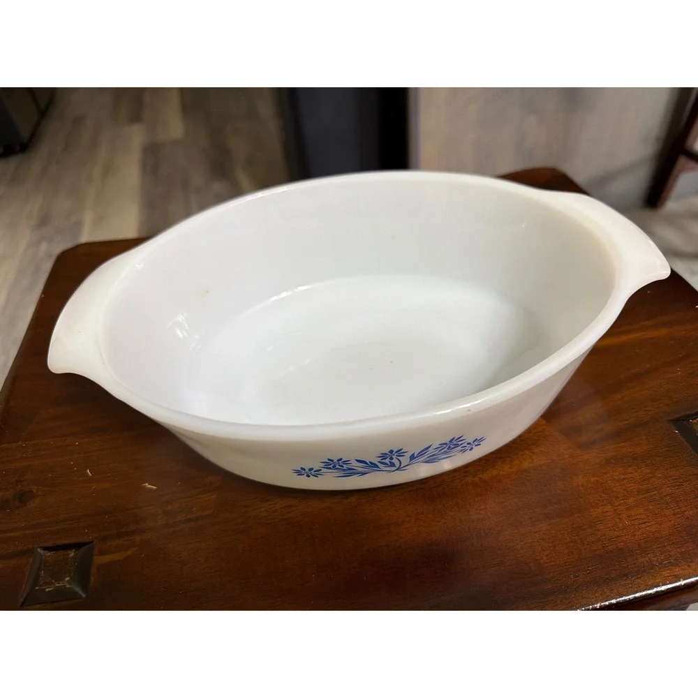 Vintage Fire-King Blue Cornflower Milk Glass Oval Casserole Dish Anchor Hocking